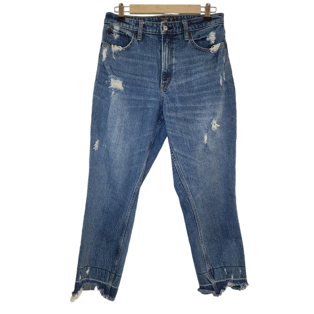 Abercrombie & Fitch Curve Love High Rise Distressed Mom Jeans